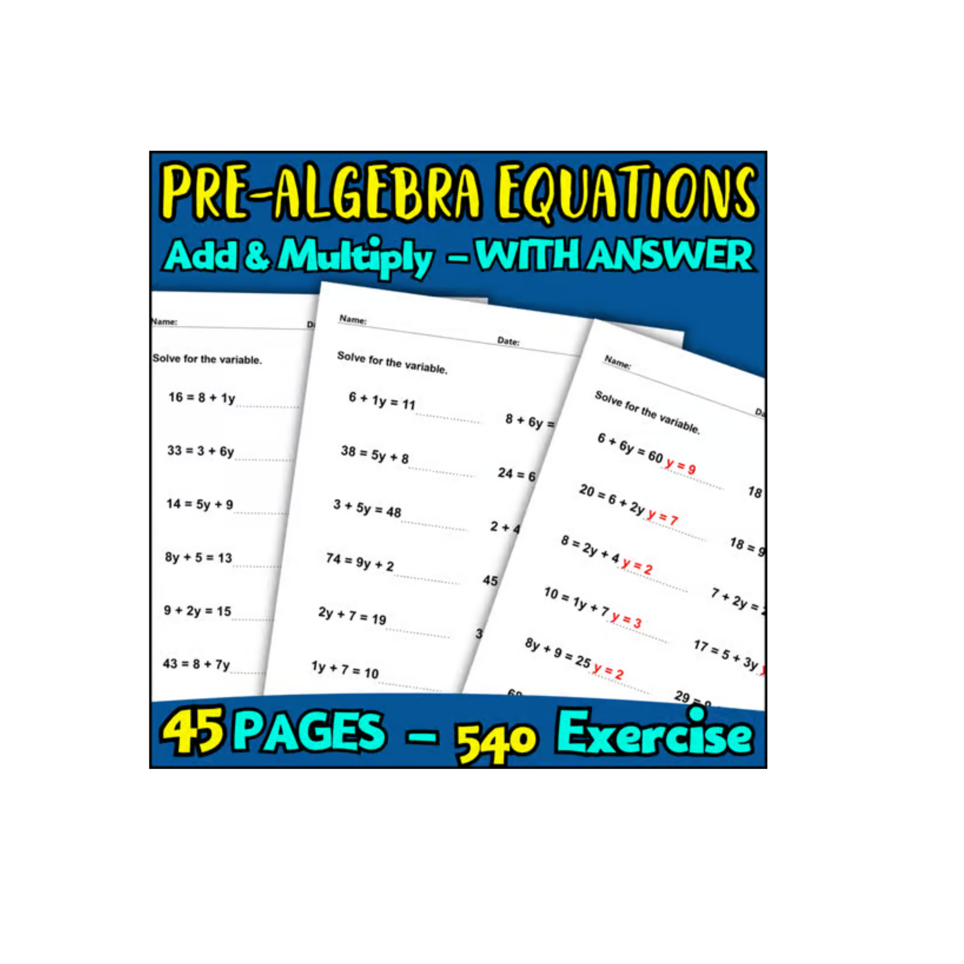 Solving Add & Multiply Equations – Variables on One Side | Pre-Algebra Practice Worksheet (With Answers)